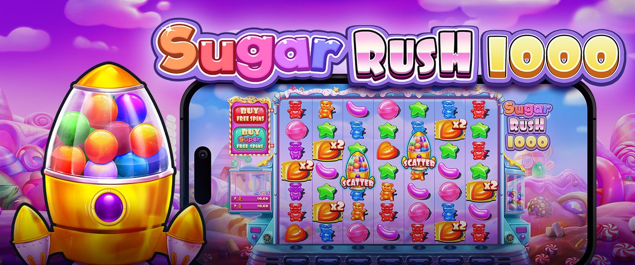 Spelvyn för spelautomaten Sugar Rush 1000 på mobil, där Scatter-symboler, växande multiplikatorer och köpbonusfunktionen visas.